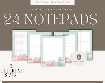 Digital Cute Cat Stationery Set 24 Notepads in 3 Sizes with 8 Templates-Digital Notepad Templates - To-Do, Notes, Grid & Blank Designs