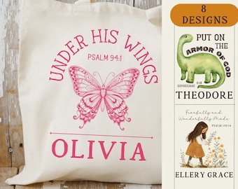 Personalized Name Tote Bag, Custom Name Tote Girl Bag, Pink Butterfly Christian Girl Canvas Tote, Kids Book Bag, Kids Library Bag, Psalm 94