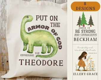 Personalisierte Kinder Name Tragetasche, Dinosaurier Tasche mit Namen, Rüstung Gottes Benutzerdefinierte Christian Boy Canvas Tote, Vorschultasche, Dinosaurier Tragetasche
