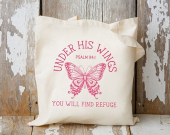 Salmo 94:1 Christian Tote Bag Regalo para mujeres bajo sus alas Pink Butterfly Bible Verse Tote Bag para la iglesia Coqueta Regalo para adolescente