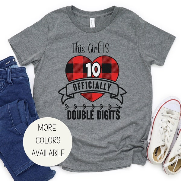 Red Plaid 10th Birthday Shirt For Girl Officially Double Digits Heart Birthday Shirt Girl Tenth Birthday Party Shirt Girl Birthday Outfit 10