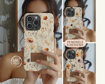 Personalisierte Blumen Handyhülle iPhone 16 Pro Max, 17 Air, 15 14 13 12 Mini 11 Samsung Galaxy S25 S24 S23 S22 S21 Benutzerdefinierte Wildblumen Name Case