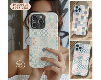 Pastell Patchwork iPhone 15 Fall, Girly Kokette rosa und blaue ästhetische Telefon-Abdeckung, Trendige Apple iPhone Hülle 14 13 12 11 Pro Max 7 8 Plus