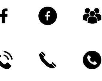 May include: A set of six black icons representing social media and communication methods. The icons include a Facebook logo, a Facebook logo in a circle, a group of three people, a phone with a ringing icon, a phone, and a phone in a circle.