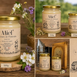 Peut inclure: Pots en verre de miel Miel de Fleurs de Printemps avec couvercles dorés et étiquettes beiges illustrées d'une ruche, d'un apiculteur et du texte Rucher des Saules, indiquant un poids net de 500g ou 250g sur les étiquettes.