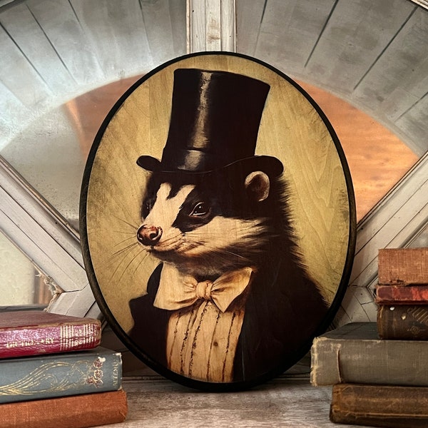 Woodland Wall Decor | Victorian Skunk Portrait Eclectic Art | Cottagecore Wall Decor | 8" x 10" Solid Wood Plaque | Gothic Mantle Decor |