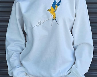 Ukrainian  embroidered symbols, flag, shop, colors,  swallow bird, crewneck, hoodie