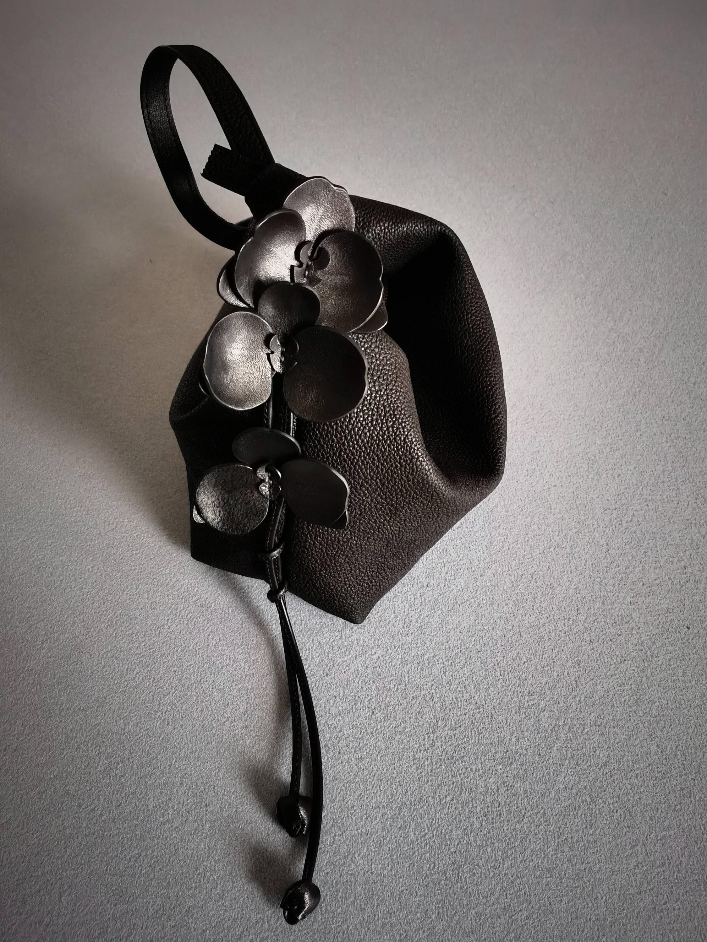 Handcrafted Orchid Leather Shoulder Bag, Handmade Orchid Flower Design Black Shoulder Purse Bag, Genuine Leather Handbag with Zipper Flower