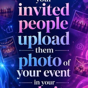 Può includere: Grafica digitale con il testo "Let's your invited people upload them photo of your event in your website." Il testo è in sfumature di blu e rosa, con immagini di eventi.