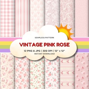 Vintage rosa Rosen, digitale Papiere, Nahtlos Shabby Chic Digital Paper Pack, Rosen Scrapbook Collage Sheets, Digitaler Download, Rose nahtlose
