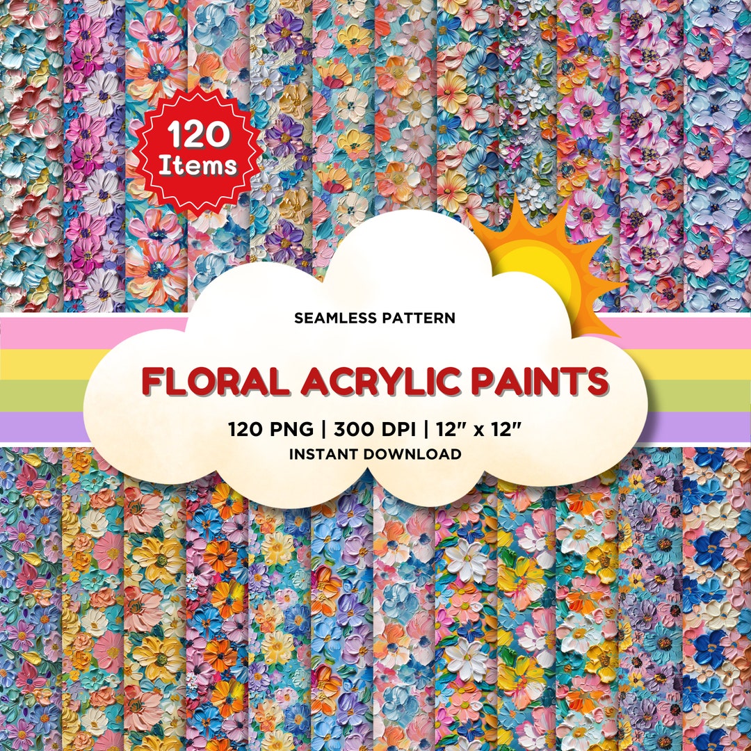 Floral Acrylic Paint Seamless Pattern Flower Digital Paper Painted ...