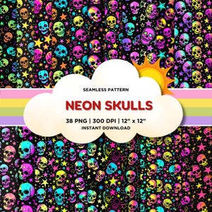Neon Skulls Seamless Pattern, Halloween Digital Paper for Scrapbook, Skull Pattern Fabric, Skull Wallpaper, Printable PNG for Commercial Use