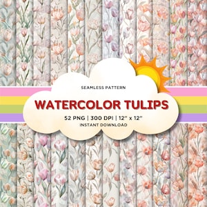 Aquarell Tulpen Nahtlose Muster, Digitale Papiere mit Aquarell Blumen, Tulpen-Wiederholungsmuster-Hintergrund, Printable, Scrapbook und Handwerk PNG