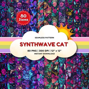 Könnte beinhalten: 80 digitale nahtlose Muster mit Katzen im Synthwave-Stil mit Neonfarben und Rosen. Die Muster sind 30,48 cm x 30,48 cm groß und haben eine Auflösung von 300 DPI.
