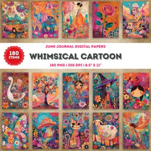 Página imprimible de dibujos animados caprichosos, diario basura de dibujos animados, hoja de collage de papel digital, álbum de recortes PNG, manualidades de papel para hacer uno mismo, suministros para diarios artísticos
