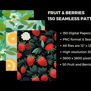 FRUIT & BERRIES Seamless Digital Paper, 150 Seamless Pattern, Repeat Pattern, Commercial Use, Seamless fruit pattern, Vector illustration  ArtOnFleek