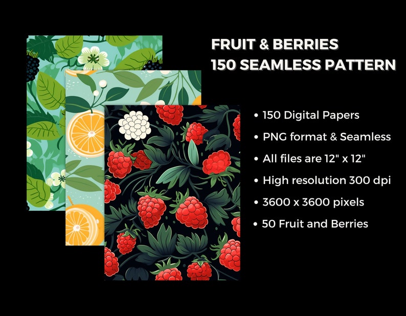 FRUIT & BERRIES Seamless Digital Paper, 150 Seamless Pattern, Repeat Pattern, Commercial Use, Seamless fruit pattern, Vector illustration  ArtOnFleek