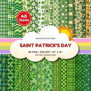 St Patrick Day Digitales Papier, Kleeblatt Nahtloses Muster, vierblättriges Kleeblatt, irisch, druckbarer grüner Hintergrund Glück Scrapbooking & DIY