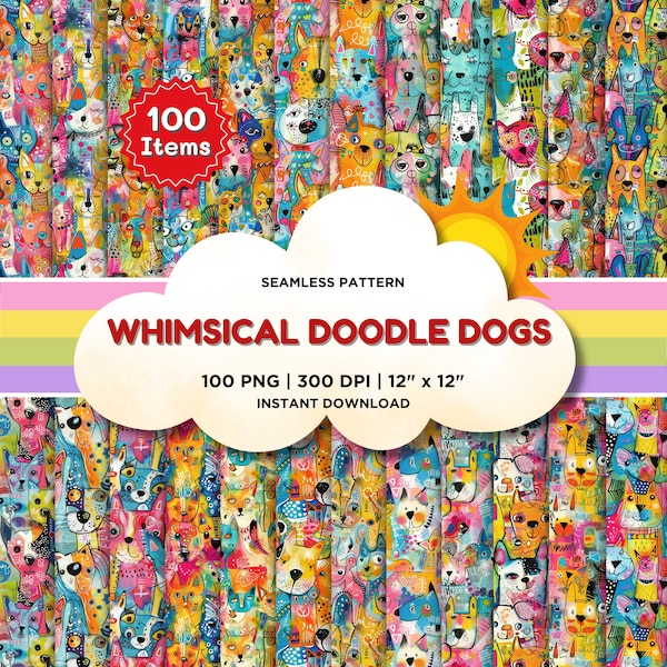 Whimsical Doodle Dogs Seamless Pattern, Watercolor Dog illustrations Mixed Media Artwork with Playful Faces Dog Background Dog Wallpaper PNG