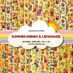 Boissons d'été et limonade Modèle sans couture Papier numérique d'été Fond aquarelle Cocktails fruités Papier peint à usage commercial PNG DIY