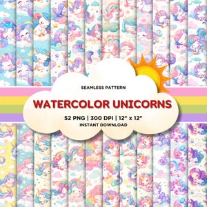 Watercolor Unicorn Digital Paper, Unicorn Seamless Pattern, Unicorn Wallpaper & Background Fabric Printable Scrapbook Paper Instant Download