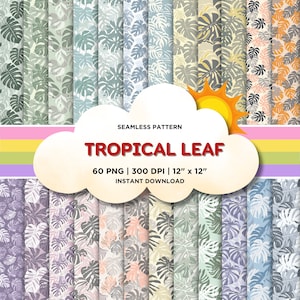 Tropical Leaf Seamless Pattern, Hand-Drawn Leaves Wallpaper Design Digital Paper Art For Sublimation Print 300dpi PNG Fabric, Commercial Use