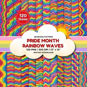 May include: A set of 120 digital seamless patterns featuring rainbow waves. The patterns are perfect for Pride Month celebrations and are available for instant download.  120 PNG | 300 DPI | 12" x 12"