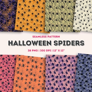 Halloween Spiders Digital Papers, Halloween Seamless Pattern, Spider Repeat Backgrounds, PNG Printable Scrapbook, Fabric Designs for Crafts