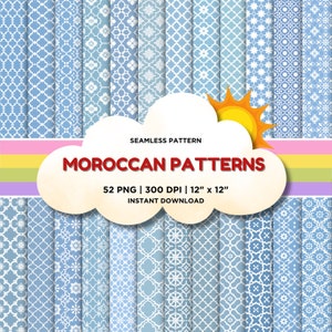 Set di carta digitale per piastrelle marocchine Boho Chic, modelli senza cuciture blu per la lavorazione fai da te, sfondi blu - download istantaneo PNG per uso commerciale