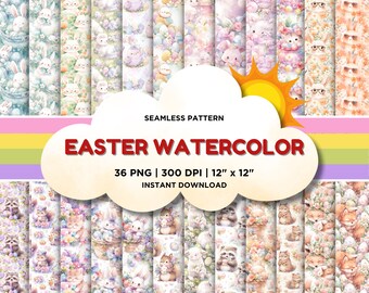 Easter Watercolor Digital Paper Easter Seamless Pattern  Bunny and Easter Eggs PNG for Printable Graphic for DIY Instance Download Wallpaper