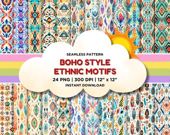 Boho Ethnic motifs, Watercolor Brush, Seamless Watercolor Pattern, Seamless Pattern, Digital Paper, Boho Background, Repeating Pattern