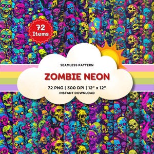 May include: A seamless pattern featuring 72 neon zombie heads in a variety of colors, including pink, blue, green, and yellow. The pattern is set against a black background and is perfect for creating spooky and fun Halloween projects.