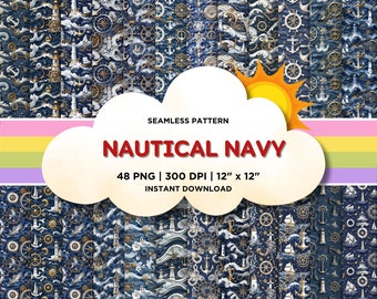 Nautical Navy Seamless Pattern, Navy White and Gold Digital Paper, Anchor, Ship Wheel, Rope, Lighthouse Seamless Design Repeat Pattern PNG