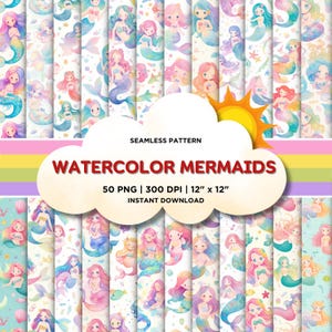 Watercolor Mermaids Digital Paper, Mermaid Seamless Pattern, Little Mermaid Fabric Printable Scrapbook Paper Instant Download Commercial Use