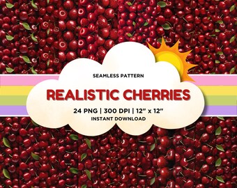 Cherries Seamless Pattern, Highly Realistic, 24 Cherries Pattern, Cherries Digital Papers, Scrapbook, Cherries Texture, Photorealistic Style