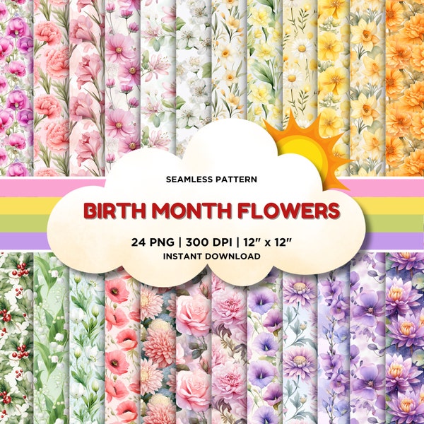 Birth Month Flower Digital Paper, 24 Flowers Seamless Patterns, Printable Images, Scrapbook, Birth Month Gifts, birthday celebration, Flower