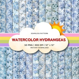 Watercolor Hydrangeas Seamless Patterns, Watercolor Digital Papers, Hydrangeas Floral Pattern Background, Printable, Scrapbook and Craft PNG