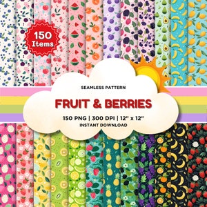 FRUTTA E BACCHE Carta digitale senza soluzione di continuità, 150 motivi senza soluzione di continuità, motivo ripetuto, uso commerciale, motivo di frutta senza soluzione di continuità, illustrazione vettoriale