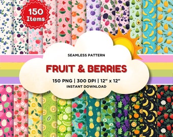 FRUIT & BERRIES Seamless Digital Paper, 150 Seamless Pattern, Repeat Pattern, Commercial Use, Seamless fruit pattern, Vector illustration