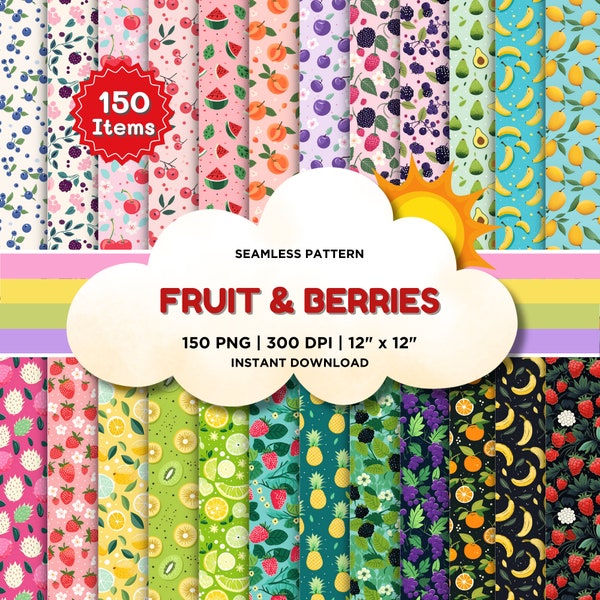 FRUIT & BERRIES Seamless Digital Paper, 150 Seamless Pattern, Repeat Pattern, Commercial Use, Seamless fruit pattern, Vector illustration