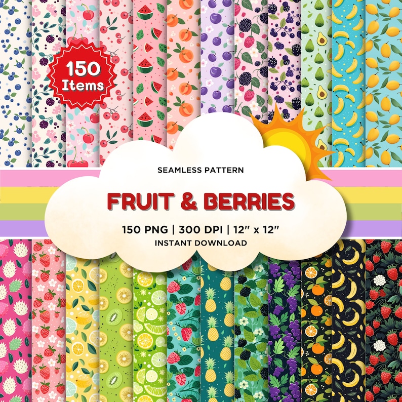 FRUIT & BERRIES Seamless Digital Paper, 150 Seamless Pattern, Repeat Pattern, Commercial Use, Seamless fruit pattern, Vector illustration  ArtOnFleek
