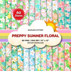 Preppy Summer Floral Seamless Pattern, Floral Digital Paper For Printable Scrapbook Paper and Fabric, Summer Wallpaper, Instant Download PNG