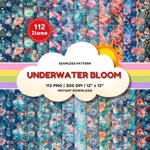 Underwater Bloom Seamless Pattern, Underwater World Digital Paper, Under the Sea Background For Sublimation Fabric Junk Journal Scrapbooking