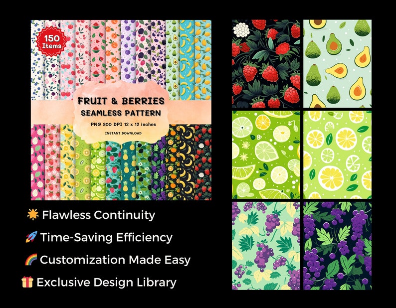 FRUIT & BERRIES Seamless Digital Paper, 150 Seamless Pattern, Repeat Pattern, Commercial Use, Seamless fruit pattern, Vector illustration  ArtOnFleek