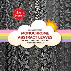 Monochrome abstrakte Blätter Musterdesign, Kreide Linie Kunst digitale Papier, minimalistisch schwarz und weiß für Scrapbook und Handwerk kommerzielle Nutzung
