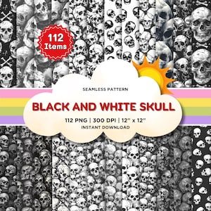 Skull Seamless Pattern, Gothic Digital Papers, Halloween Wallpaper Black and White Pattern for Printable Scrapbook Fabric PNG Commercial Use