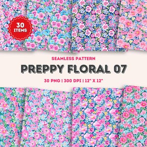 Preppy Pink and Blue Floral Seamless Pattern, Preppy Flower Digital Papers, Floral Print Spring Summer, Floral Fabric Painting Scrapbook PNG