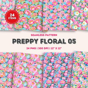 Preppy Peonies Pastel Seamless Pattern, Peonies Flower Digital Papers, Floral Print Spring Summer, Floral Pattern, Fabric Painting Scrapbook
