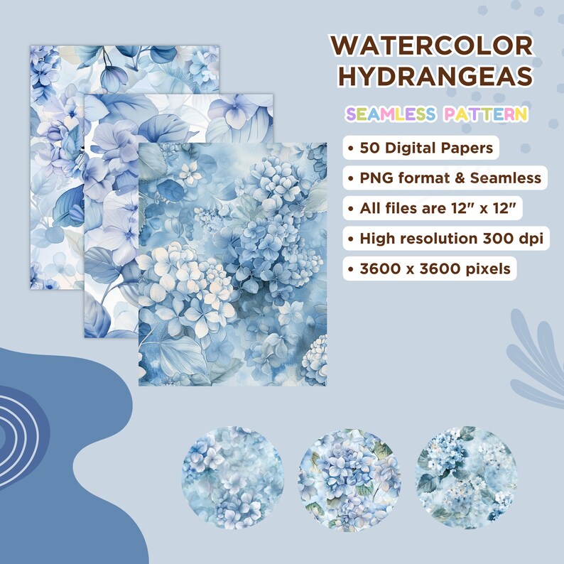 Watercolor Hydrangeas Seamless Patterns, Watercolor Digital Papers ...