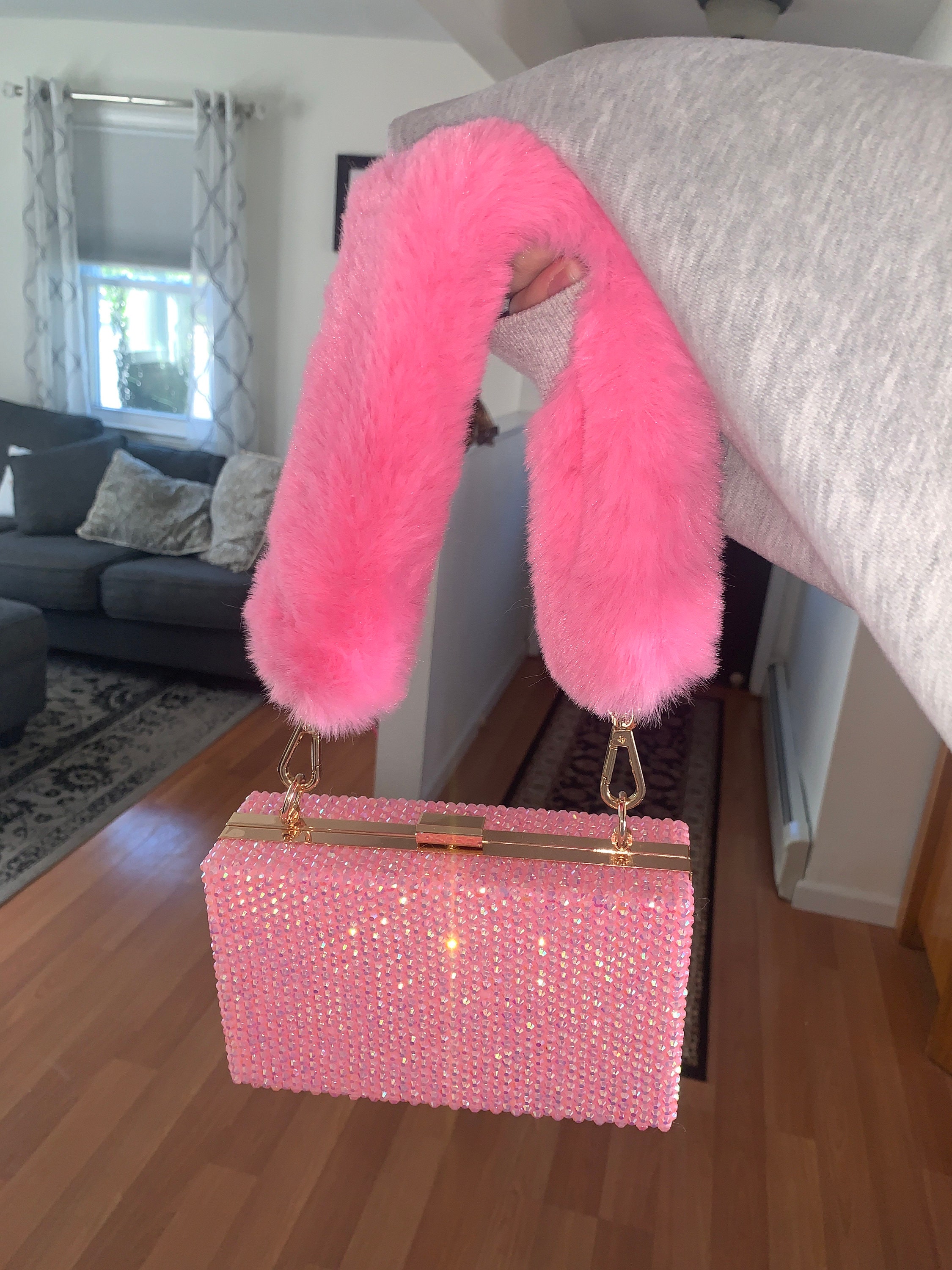 Pink Blinged Clutch Purse With Pink Fur Handle Etsy